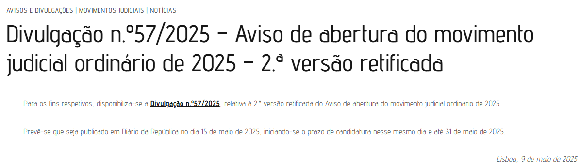 Divulgação 57/2025–CSM de 9/maio – Aviso de Abertura do Movimento Judicial Ordinário de 2025 – 2ª Versão Retificada
