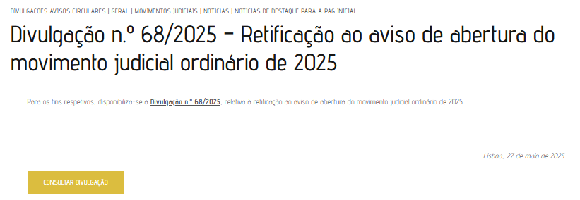 Divulgação 68/2025–CSM de 27/maio – Retificação ao Aviso de Abertura do Movimento Judicial Ordinário de 2025